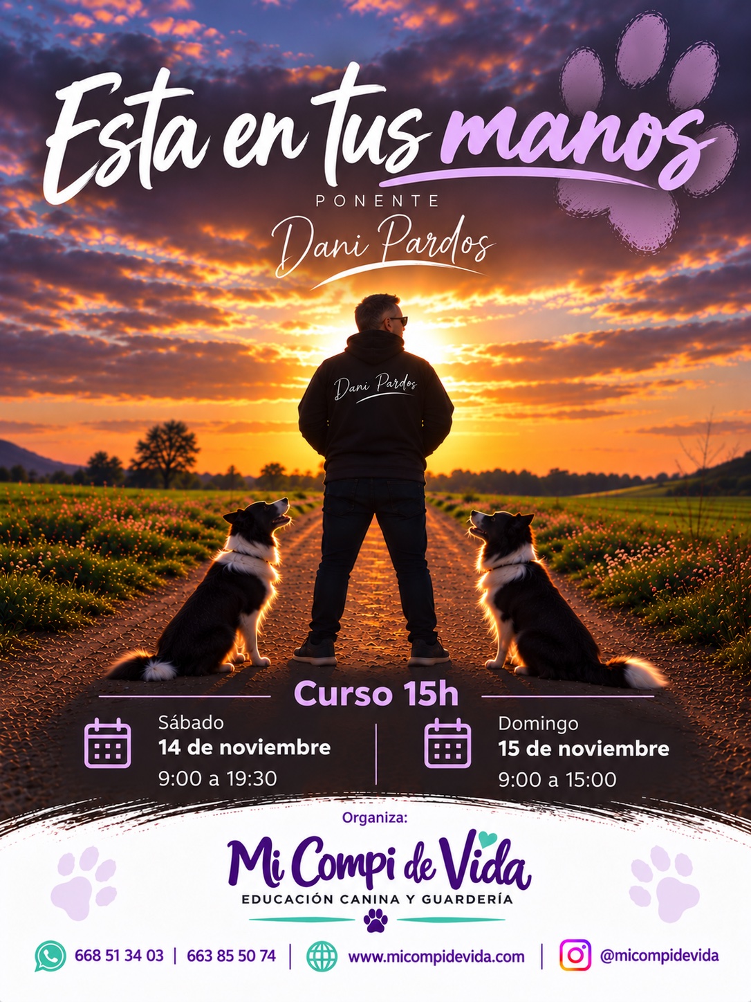 Cartel del seminario Está en tus manos: Dani Pardos con dos perros al atardecer